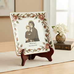 Custom Vintage Floral Jewelry Dish - Personalized Mother & Son Photo Ceramic Tray with Elegant Botanical Border