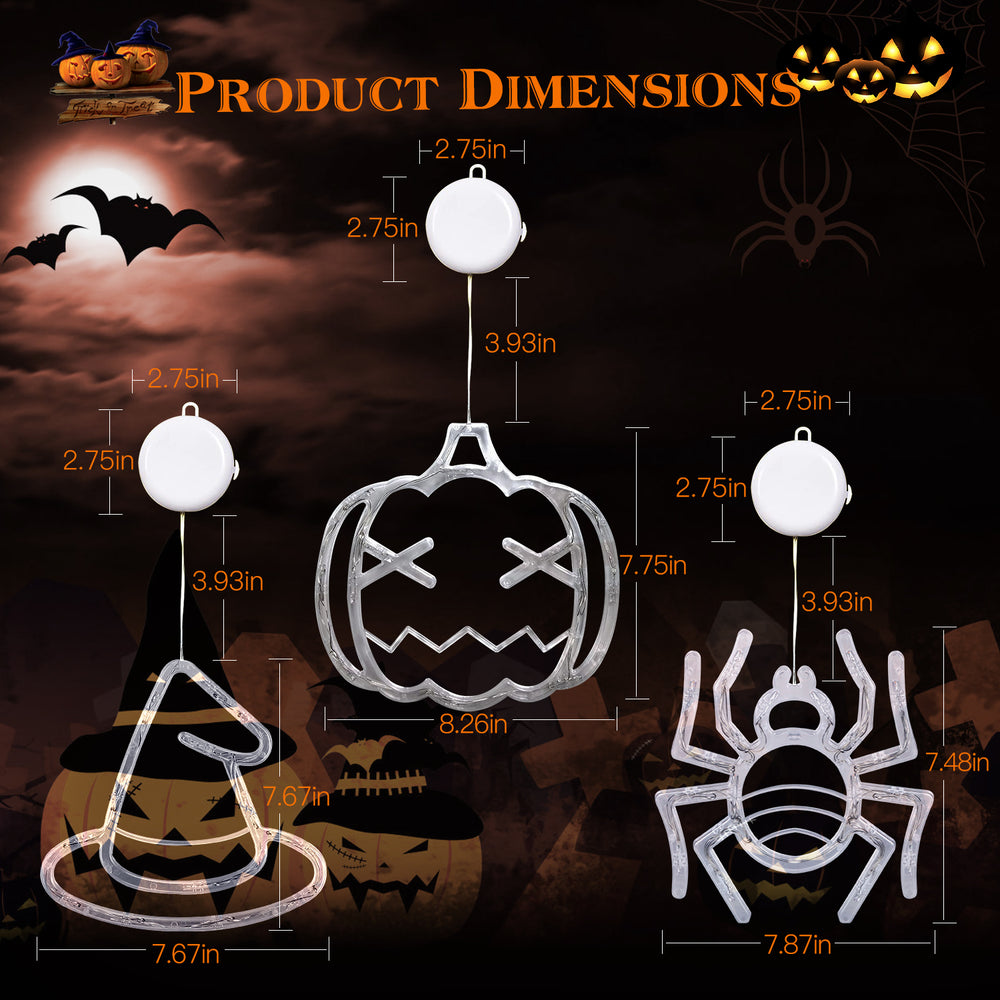 3 pack lighted window hangings in spider, witch hat and pumpkin - product photo 7 of 10