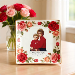 Personalized Mother’s Day Jewelry Dish - Custom Photo Ceramic Trinket Tray with Floral Rose Border