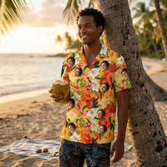 Custom Photo Hawaiian Shirt – Personalized Pink Hibiscus & Tropical Leaf Tee – Unique DIY Summer Vacation Party Gift
