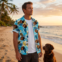 Custom Photo Hawaiian Shirt – Personalized Golden Sunflower & Tropical Foliage Tee – Unique DIY Aloha Vibe Vacation Wear