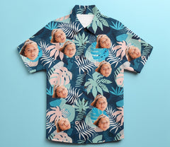 Custom Photo Hawaiian Shirt – Personalized Blue Hibiscus & Monstera Leaf Button-Down – Unique DIY Tropical Island Vibe Shirt