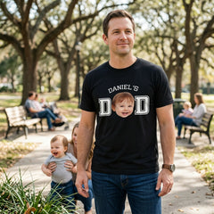 Custom Kid's Face "DAD" T-Shirt – Personalized T-Shirt with Kid's Face Cut-Out and Varsity DAD Letters – Unique DIY Father's Day Gag Gift