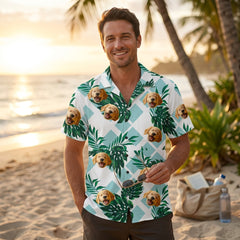 Custom Photo Hawaiian Shirt – Personalized Blue Lagoon Floral & Monstera Leaf Tee – Unique DIY Island Style Summer Gift