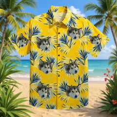 Yellow Hawaiian Shirt with Blue Palm Leaf Print