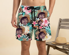 Custom Photo Hawaiian Shorts – Personalized Blue Orchid & Lush Monstera Leaf Shorts – Unique DIY Tropical Island Holiday Gift