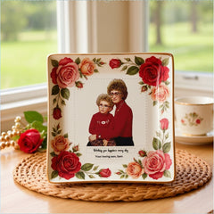 Personalized Mother’s Day Jewelry Dish - Custom Photo Ceramic Trinket Tray with Floral Rose Border
