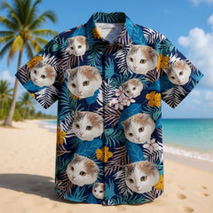 Navy Blue Tropical Floral & Leaf Print Aloha Shirt