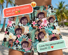 Custom Photo Hawaiian Shorts – Personalized Blue Orchid & Lush Monstera Leaf Shorts – Unique DIY Tropical Island Holiday Gift