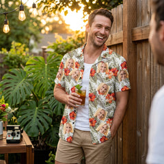 Custom Photo Hawaiian Shirt – Personalized Vibrant Sunflower & Tropical Leaf Button-Down – Unique DIY Beach Party Holiday Wear