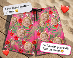Custom Photo Hawaiian Shorts – Personalized Red Hibiscus & Jungle Leaf Swim Trunks – Unique DIY Aloha Party Beachwear