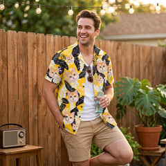 Black & White Tropical Leaf Print Yellow Hawaiian Shirt
