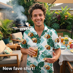 Custom Photo Hawaiian Shirt – Personalized Blue Lagoon Floral & Monstera Leaf Tee – Unique DIY Island Style Summer Gift