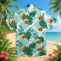 Custom Photo Hawaiian Shirt – Personalized Blue Lagoon Floral & Monstera Leaf Tee – Unique DIY Island Style Summer Gift