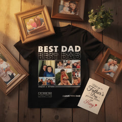 Custom "BEST DAD" Mosaic T-Shirt – Personalized Ultra-Detailed Multi-Photo Collage with 8+ Pictures and Custom Message – Unique DIY Father's Day Gift