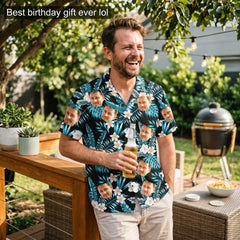 Custom Photo Hawaiian Shirt – Personalized Red Tropical Bloom & Green Palm Button-Down – Unique DIY Bold Aloha Vibe Apparel