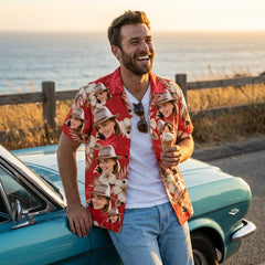 Red Hibiscus & Palm Tree Print Hawaiian Shirt
