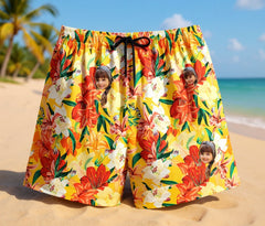 Custom Photo Hawaiian Shorts – Personalized Pink Floral & Tropical Palm Beach Trunks – Unique DIY Summer Vacation Gift