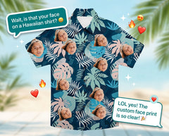 Custom Photo Hawaiian Shirt – Personalized Blue Hibiscus & Monstera Leaf Button-Down – Unique DIY Tropical Island Vibe Shirt
