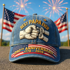 "Best Grandpa Ever" 3 Generations Fist Bump Patriotic Denim Baseball Cap