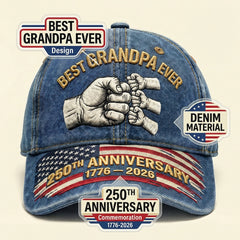 "Best Grandpa Ever" 4 Generations Fist Bump 250th Anniversary Denim Cap