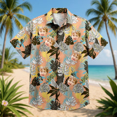 Custom Photo Hawaiian Shirt – Personalized Pink Floral & Lush Tropical Palm Button-Down – Unique DIY Aloha Summer Vacation Gift