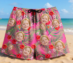 Custom Photo Hawaiian Shorts – Personalized Red Hibiscus & Jungle Leaf Swim Trunks – Unique DIY Aloha Party Beachwear