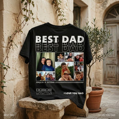 Custom "BEST DAD" Mosaic T-Shirt – Personalized Ultra-Detailed Multi-Photo Collage with 8+ Pictures and Custom Message – Unique DIY Father's Day Gift