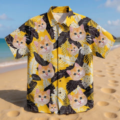 Black & White Tropical Leaf Print Yellow Hawaiian Shirt