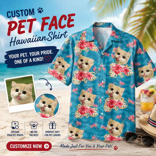 Teal Tropical Hibiscus & Mini US Flag Beach Shirt