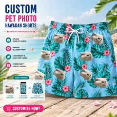 Light Blue Tropical Monstera Hibiscus Summer Board Shorts