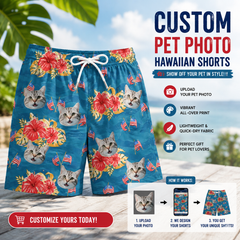 Teal Tropical Hibiscus & Mini US Flag Beach Shorts