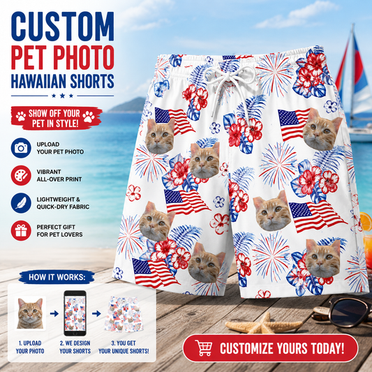 4th of July Firework Hibiscus American Flag Swim Shorts