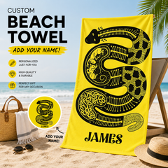 Tribal Skeletal Snake Black & Yellow Folk Art Towel