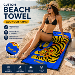 Bold Pop Art Tiger on Blue Background Beach Towel