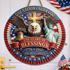 Custom Wood Sign - Personalized America 250th Anniversary Gifts For Mom, Dad, Brother, Sister, Kids - One Nation Under God