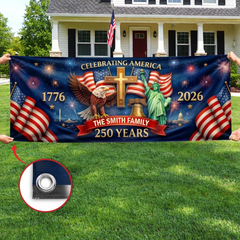 Custom Polyester Outdoor Banner - Personalized America 250th Anniversary Gifts For Mom, Dad, Brother, Sister, Kids - Proud Hearts Shine Bright