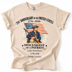 Personalized 250 Years of America Shirt, Custom Name Descendant of a Patriot, Patriotic 1776–2026 Tee
