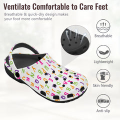 Multiple styles of slip-resistant perforated shoes with custom shoe surface designs