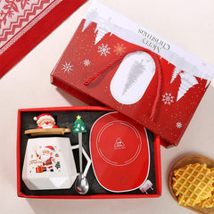 Christmas Mug Gift Set with Warmer - Santa Ceramic Coffee Mug, Wooden Lid & Tree Spoon, Holiday Keepsake Gift Box (4-Piece)