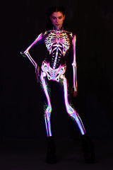Glow-in-the-dark skeleton bodysuit, Halloween UV fluorescent skeleton cosplay outfit, stretchy long-sleeve leotard, electronic music party costume