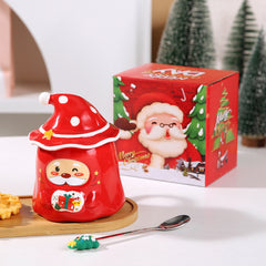 Santa Claus mug gift set - Includes a Christmas hat lid and tree-shaped spoon, with a gift box with a bag (3-piece set)