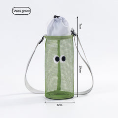 Wire mesh drawstring bag for holding water cups, bottles and thermos cups. Single-shoulder crossbody bag.
