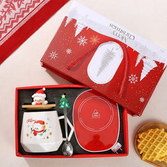 Christmas Mug Gift Set with Warmer - Santa Ceramic Coffee Mug, Wooden Lid & Tree Spoon, Holiday Keepsake Gift Box (4-Piece)