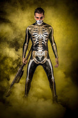 Glow-in-the-dark skeleton bodysuit, Halloween UV fluorescent skeleton cosplay outfit, stretchy long-sleeve leotard, electronic music party costume