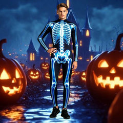 Glow-in-the-dark skeleton bodysuit, Halloween UV fluorescent skeleton cosplay outfit, stretchy long-sleeve leotard, electronic music party costume