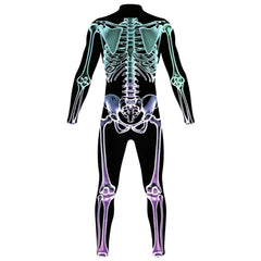 Glow-in-the-dark skeleton bodysuit, Halloween UV fluorescent skeleton cosplay outfit, stretchy long-sleeve leotard, electronic music party costume