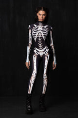 Glow-in-the-dark skeleton bodysuit, Halloween UV fluorescent skeleton cosplay outfit, stretchy long-sleeve leotard, electronic music party costume