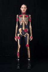 Night Glow 3D Skull Halloween Costume, stretchable tight-fitting one-piece suit, suitable for horror-themed parties.