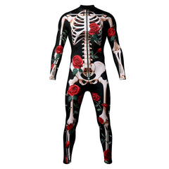 Night Glow 3D Skull Halloween Costume, stretchable tight-fitting one-piece suit, suitable for horror-themed parties.